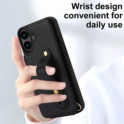 For iPhone 16 Plus Case Kickstand Card Slots Leather Coated TPU Cover with Shoulder Strap