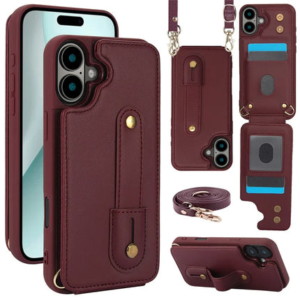 For iPhone 16 Plus Case Kickstand Card Slots Leather Coated TPU Cover with Shoulder Strap - Wine Red