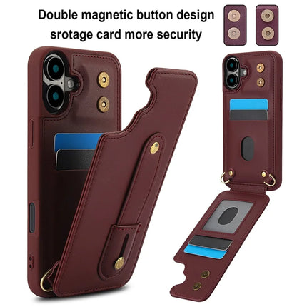 For iPhone 16 Plus Case Kickstand Card Slots Leather Coated TPU Cover with Shoulder Strap
