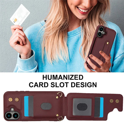 For iPhone 16 Plus Case Kickstand Card Slots Leather Coated TPU Cover with Shoulder Strap