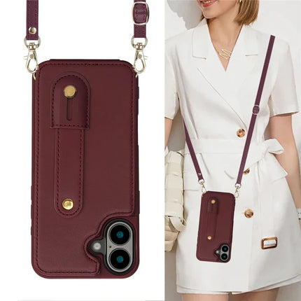 For iPhone 16 Plus Case Kickstand Card Slots Leather Coated TPU Cover with Shoulder Strap