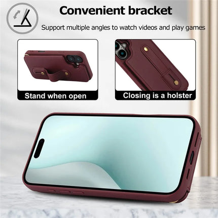 For iPhone 16 Plus Case Kickstand Card Slots Leather Coated TPU Cover with Shoulder Strap