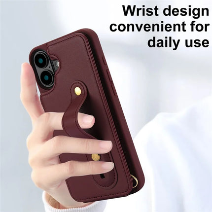 For iPhone 16 Plus Case Kickstand Card Slots Leather Coated TPU Cover with Shoulder Strap