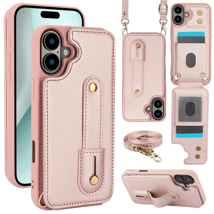 For iPhone 16 Plus Case Kickstand Card Slots Leather Coated TPU Cover with Shoulder Strap - Rose Gold