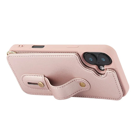 For iPhone 16 Plus Case Kickstand Card Slots Leather Coated TPU Cover with Shoulder Strap