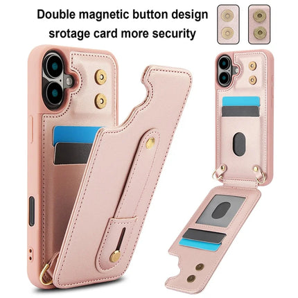 For iPhone 16 Plus Case Kickstand Card Slots Leather Coated TPU Cover with Shoulder Strap