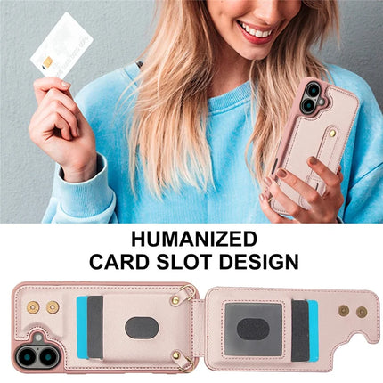 For iPhone 16 Plus Case Kickstand Card Slots Leather Coated TPU Cover with Shoulder Strap