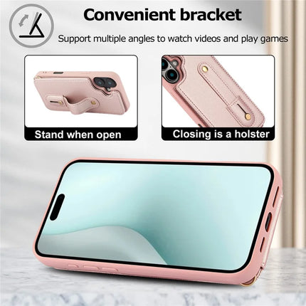 For iPhone 16 Plus Case Kickstand Card Slots Leather Coated TPU Cover with Shoulder Strap