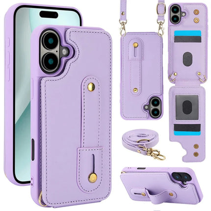 For iPhone 16 Plus Case Kickstand Card Slots Leather Coated TPU Cover with Shoulder Strap - Purple