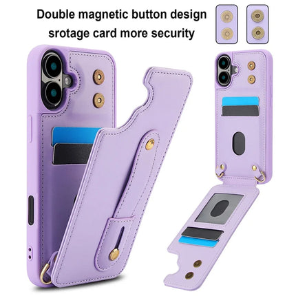 For iPhone 16 Plus Case Kickstand Card Slots Leather Coated TPU Cover with Shoulder Strap