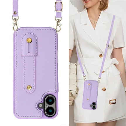 For iPhone 16 Plus Case Kickstand Card Slots Leather Coated TPU Cover with Shoulder Strap