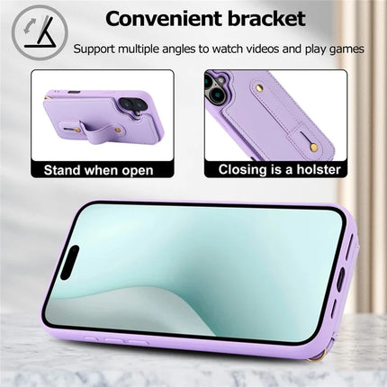 For iPhone 16 Plus Case Kickstand Card Slots Leather Coated TPU Cover with Shoulder Strap