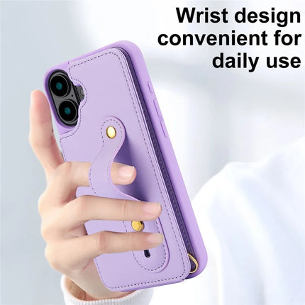 For iPhone 16 Plus Case Kickstand Card Slots Leather Coated TPU Cover with Shoulder Strap