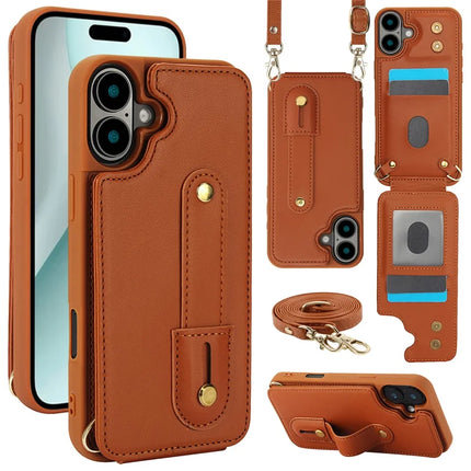 For iPhone 16 Plus Case Kickstand Card Slots Leather Coated TPU Cover with Shoulder Strap - Brown