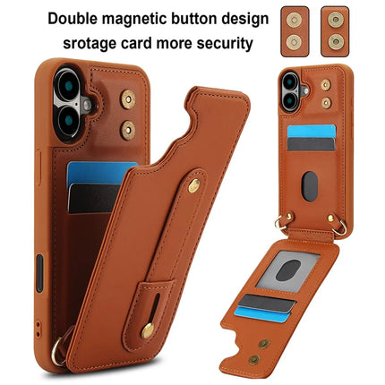 For iPhone 16 Plus Case Kickstand Card Slots Leather Coated TPU Cover with Shoulder Strap