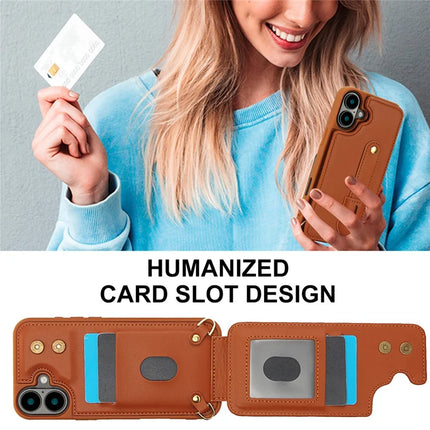 For iPhone 16 Plus Case Kickstand Card Slots Leather Coated TPU Cover with Shoulder Strap