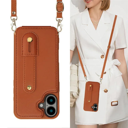For iPhone 16 Plus Case Kickstand Card Slots Leather Coated TPU Cover with Shoulder Strap