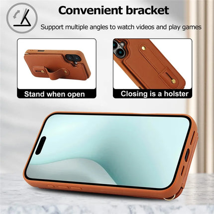 For iPhone 16 Plus Case Kickstand Card Slots Leather Coated TPU Cover with Shoulder Strap