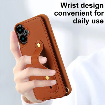 For iPhone 16 Plus Case Kickstand Card Slots Leather Coated TPU Cover with Shoulder Strap