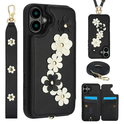 SY-001 For iPhone 16 Plus Case Card Slots Leather Coated TPU Flower Phone Cover - Black