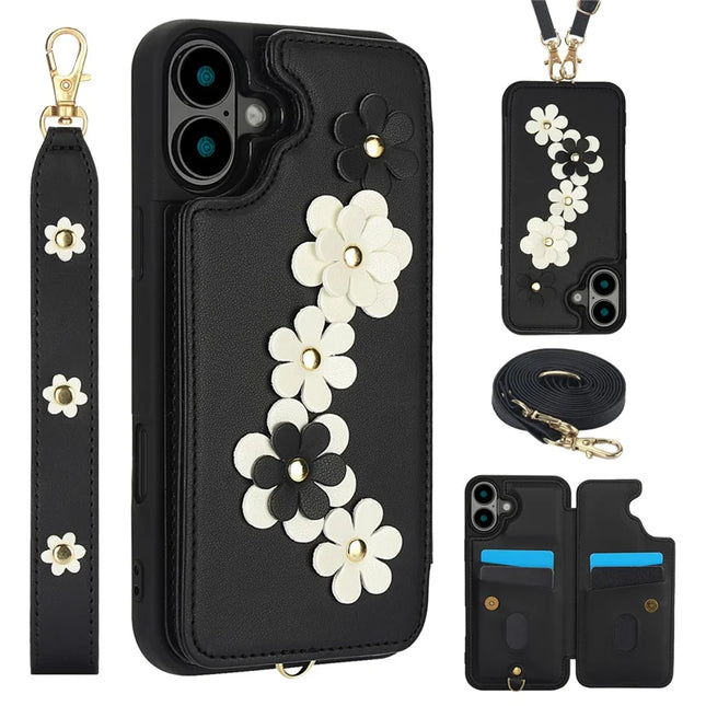 SY-001 For iPhone 16 Plus Case Card Slots Leather Coated TPU Flower Phone Cover - Black