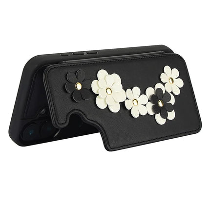 SY-001 For iPhone 16 Plus Case Card Slots Leather Coated TPU Flower Phone Cover