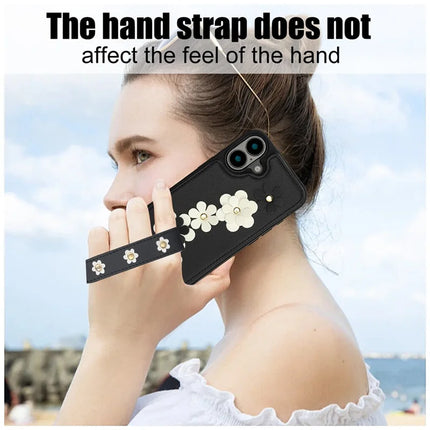 SY-001 For iPhone 16 Plus Case Card Slots Leather Coated TPU Flower Phone Cover