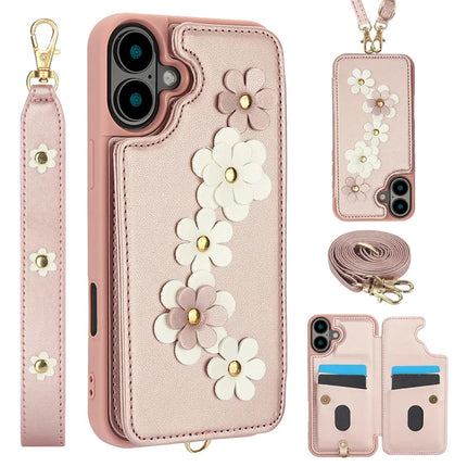 SY-001 For iPhone 16 Plus Case Card Slots Leather Coated TPU Flower Phone Cover - Pink