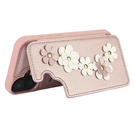 SY-001 For iPhone 16 Plus Case Card Slots Leather Coated TPU Flower Phone Cover