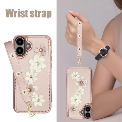 SY-001 For iPhone 16 Plus Case Card Slots Leather Coated TPU Flower Phone Cover