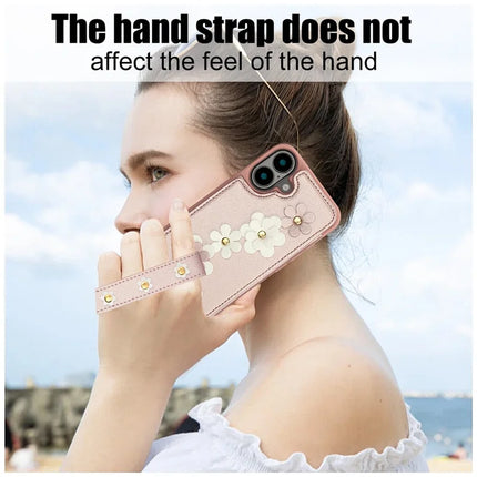 SY-001 For iPhone 16 Plus Case Card Slots Leather Coated TPU Flower Phone Cover