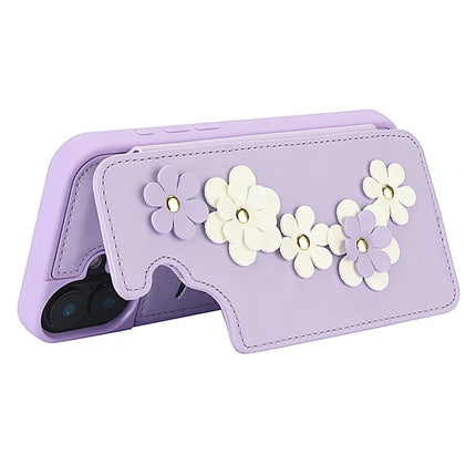 SY-001 For iPhone 16 Plus Case Card Slots Leather Coated TPU Flower Phone Cover