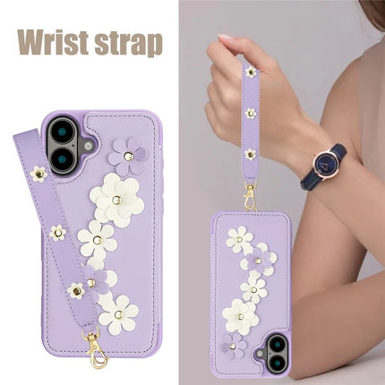 SY-001 For iPhone 16 Plus Case Card Slots Leather Coated TPU Flower Phone Cover