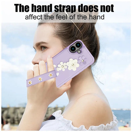 SY-001 For iPhone 16 Plus Case Card Slots Leather Coated TPU Flower Phone Cover