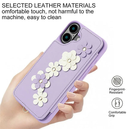 SY-001 For iPhone 16 Plus Case Card Slots Leather Coated TPU Flower Phone Cover