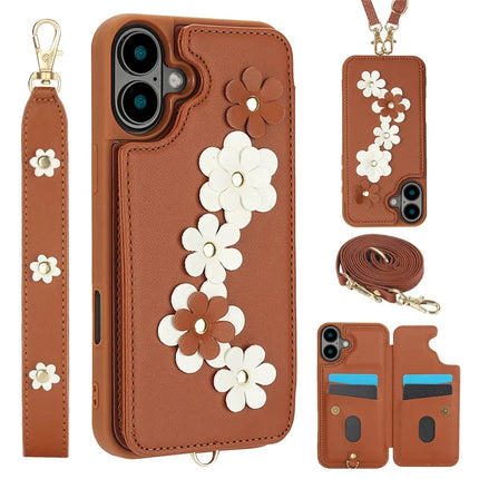SY-001 For iPhone 16 Plus Case Card Slots Leather Coated TPU Flower Phone Cover - Brown