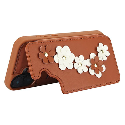 SY-001 For iPhone 16 Plus Case Card Slots Leather Coated TPU Flower Phone Cover