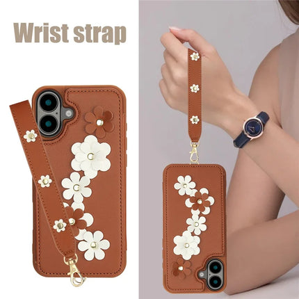 SY-001 For iPhone 16 Plus Case Card Slots Leather Coated TPU Flower Phone Cover
