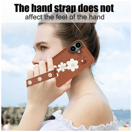 SY-001 For iPhone 16 Plus Case Card Slots Leather Coated TPU Flower Phone Cover