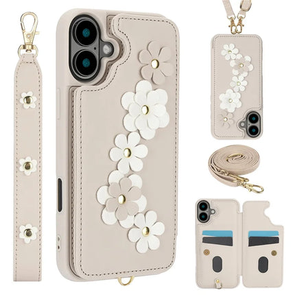 SY-001 For iPhone 16 Case Card Slots Leather Coated TPU Flower Phone Cover - Beige