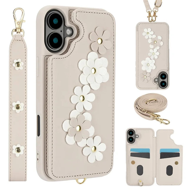 SY-001 For iPhone 16 Case Card Slots Leather Coated TPU Flower Phone Cover - Beige