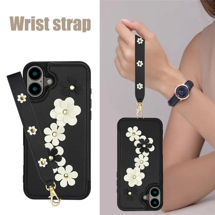 SY-001 For iPhone 16 Case Card Slots Leather Coated TPU Flower Phone Cover