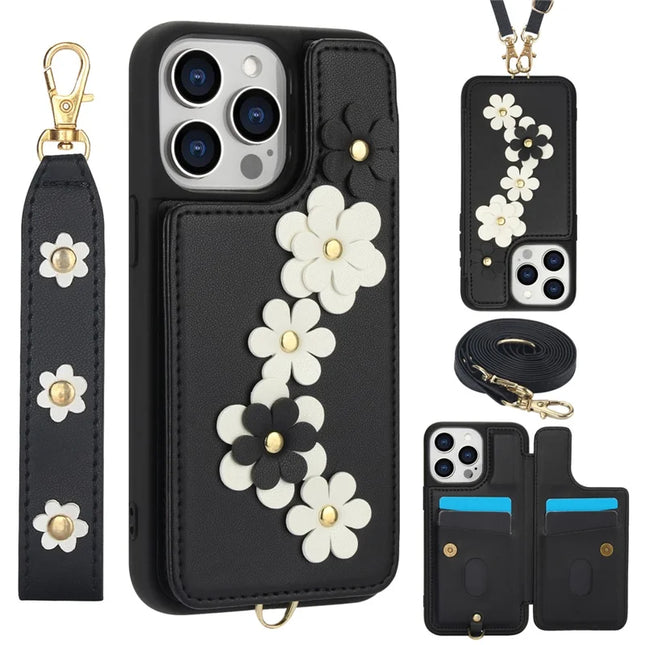 SY-001 For iPhone 16 Pro Max Case Card Slots Leather Coated TPU Flower Phone Cover - Black