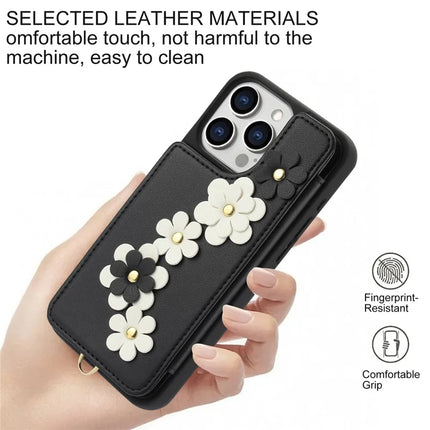 SY-001 For iPhone 16 Pro Max Case Card Slots Leather Coated TPU Flower Phone Cover