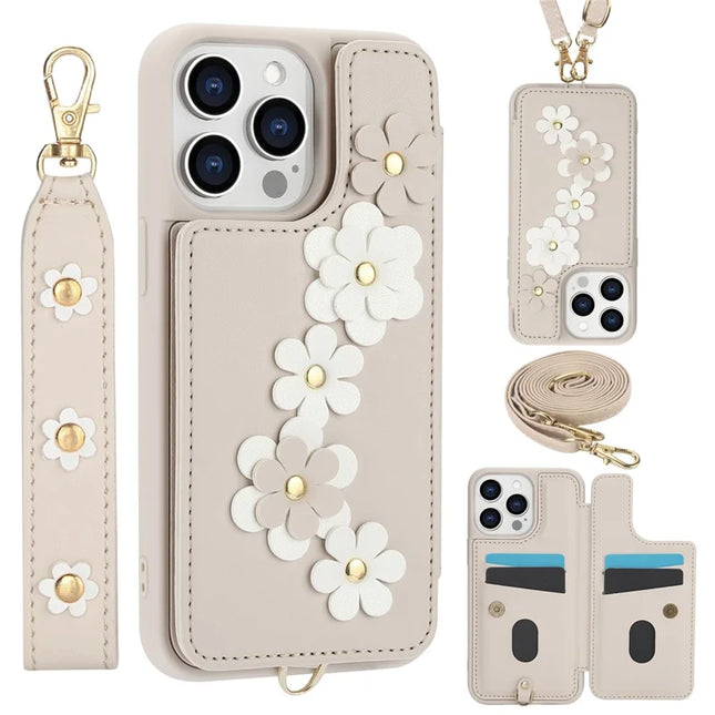 SY-001 For iPhone 16 Pro Max Case Card Slots Leather Coated TPU Flower Phone Cover - Beige