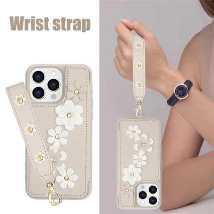 SY-001 For iPhone 16 Pro Max Case Card Slots Leather Coated TPU Flower Phone Cover