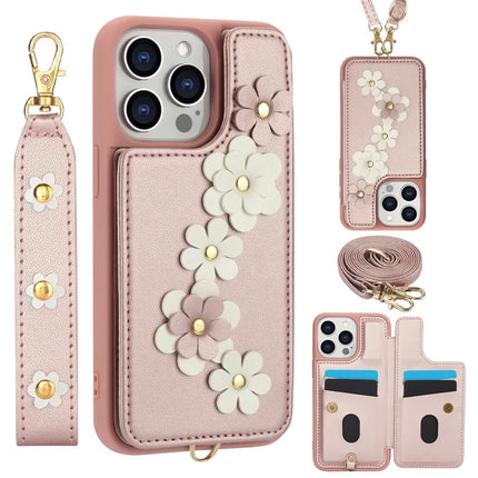 SY-001 For iPhone 16 Pro Max Case Card Slots Leather Coated TPU Flower Phone Cover - Pink