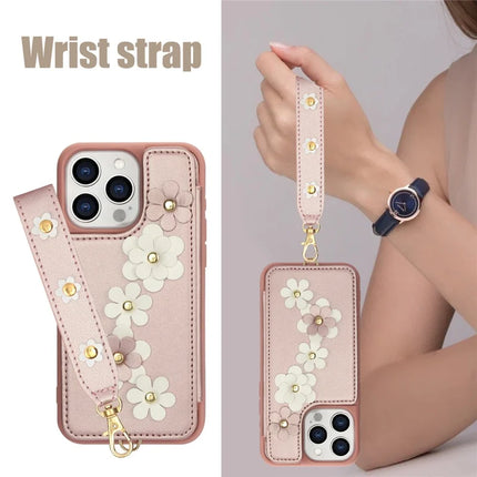 SY-001 For iPhone 16 Pro Max Case Card Slots Leather Coated TPU Flower Phone Cover