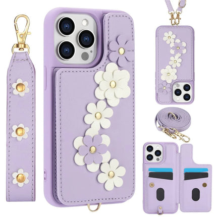 SY-001 For iPhone 16 Pro Max Case Card Slots Leather Coated TPU Flower Phone Cover - Purple