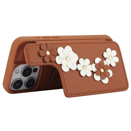SY-001 For iPhone 16 Pro Max Case Card Slots Leather Coated TPU Flower Phone Cover